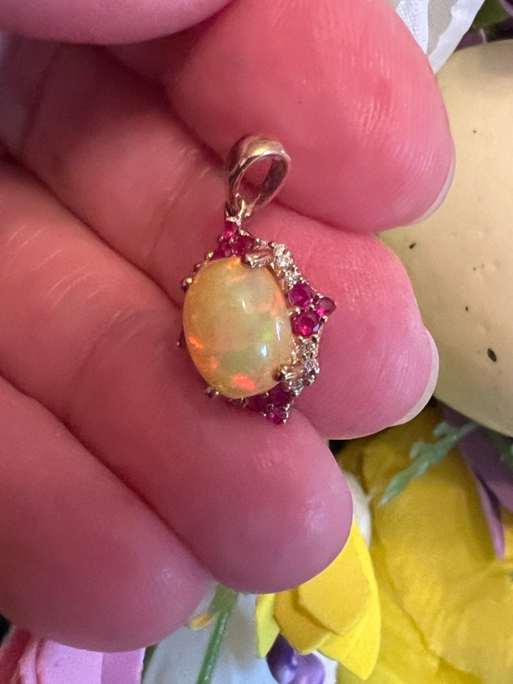 10k Solid Rose Gold Ethiopian Opal with Genuine Diamond and Ruby Halo Pendant - Picture 4 of 16